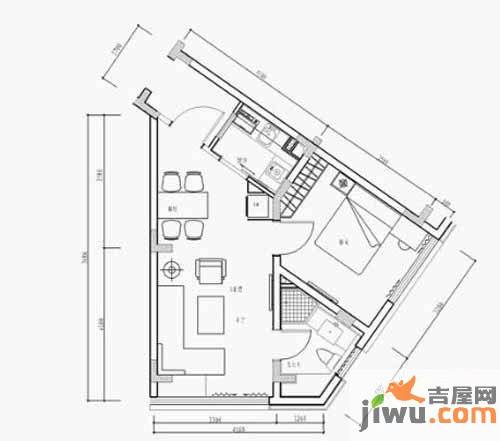 三味公寓1室2厅1卫57㎡户型图