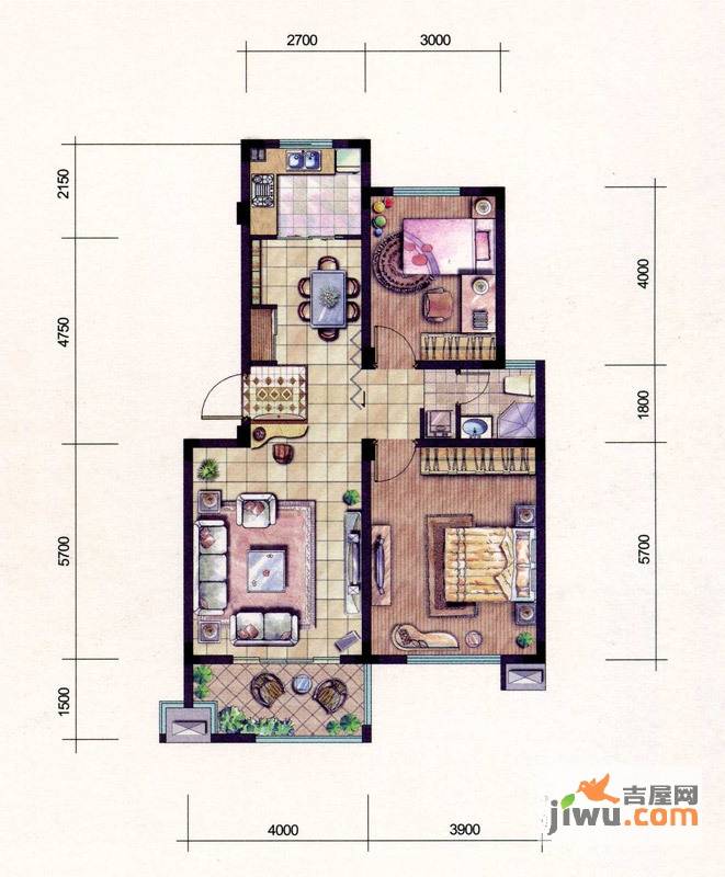 武夷水岸家园2室2厅1卫90.6㎡户型图