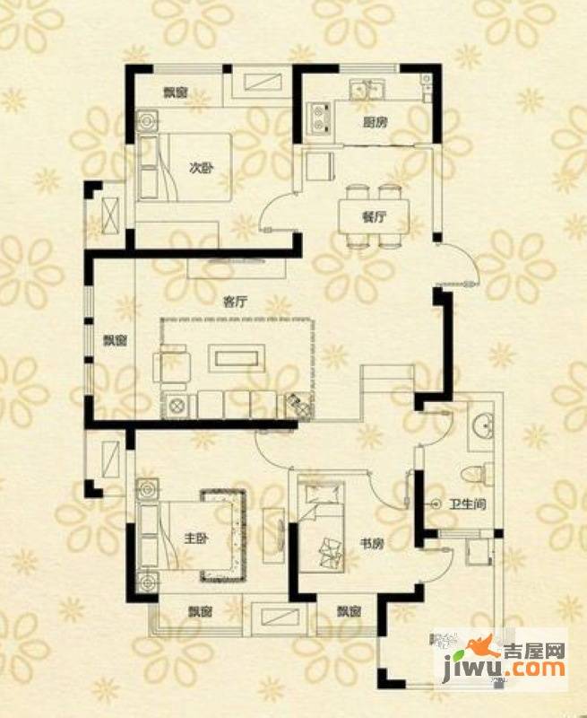 荣盛龙湖半岛3室2厅1卫99.5㎡户型图