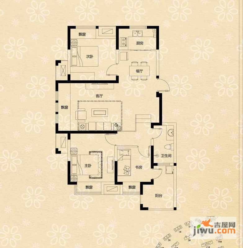 荣盛龙湖半岛3室2厅1卫99.5㎡户型图