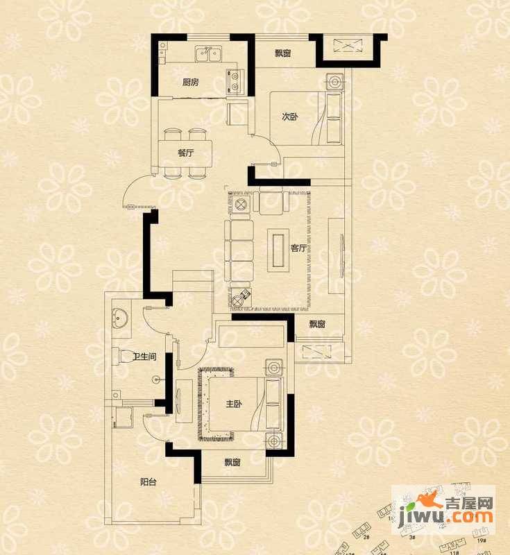 荣盛龙湖半岛2室2厅1卫75.8㎡户型图