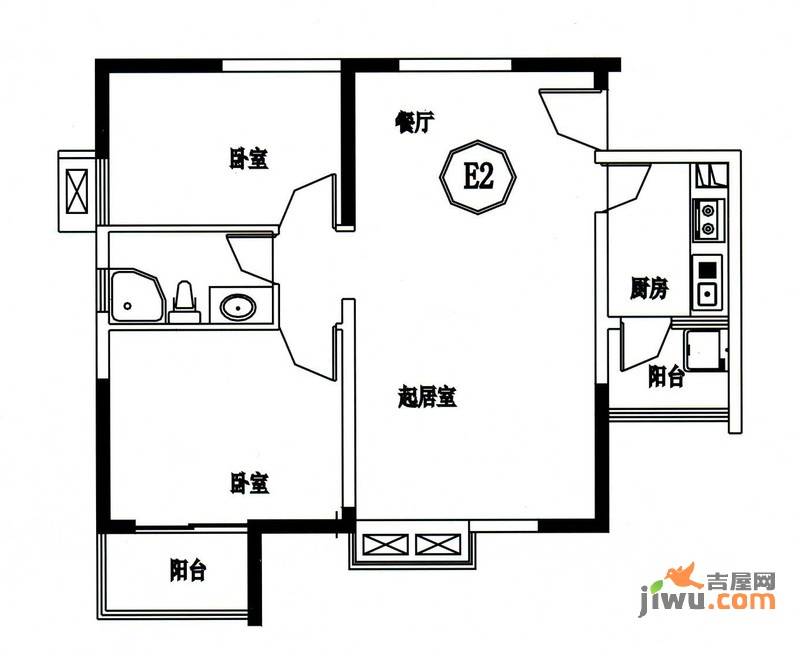 江畔明珠广场2室2厅1卫82.5㎡户型图
