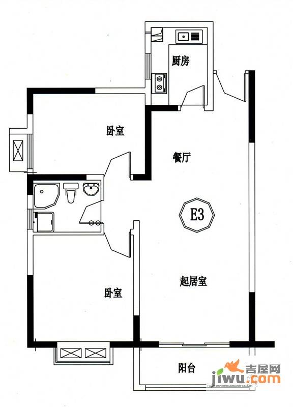江畔明珠广场2室2厅1卫90.4㎡户型图