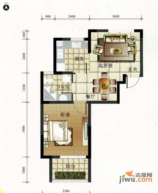 阅城国际花园1室2厅1卫55.2㎡户型图