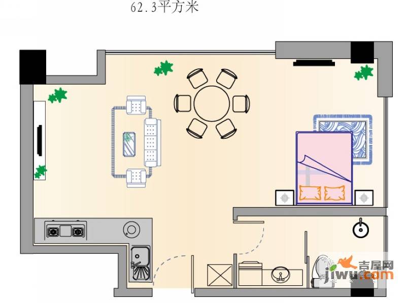 胜泰华府1室2厅1卫62.3㎡户型图