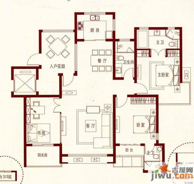 翠屏紫气钟山3室2厅3卫126㎡户型图