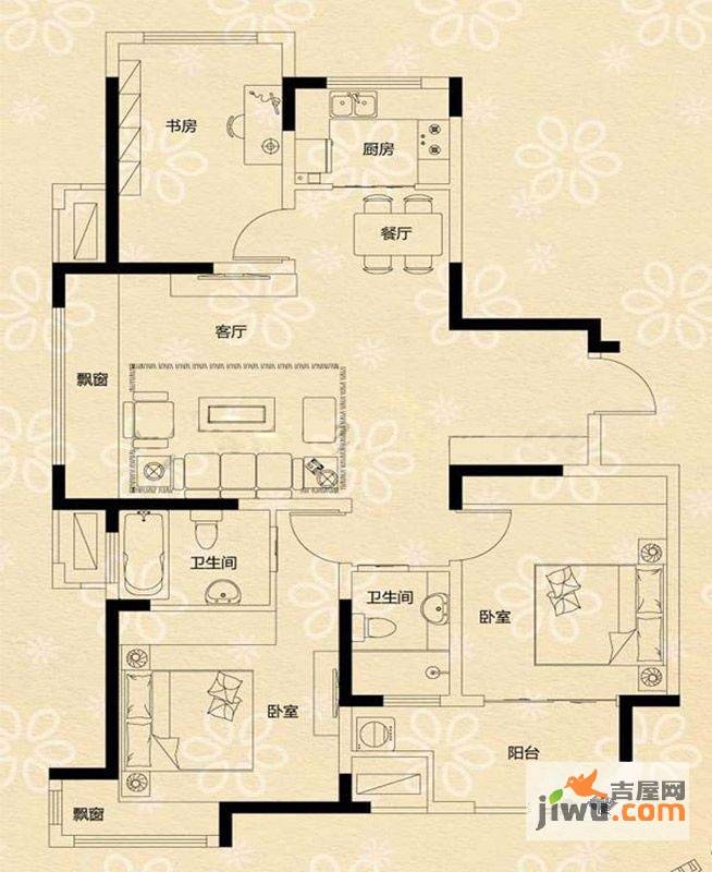 荣盛龙湖半岛3室2厅2卫114㎡户型图