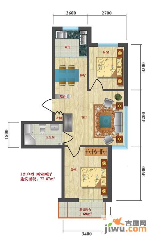 金石华庭2室2厅1卫66㎡户型图