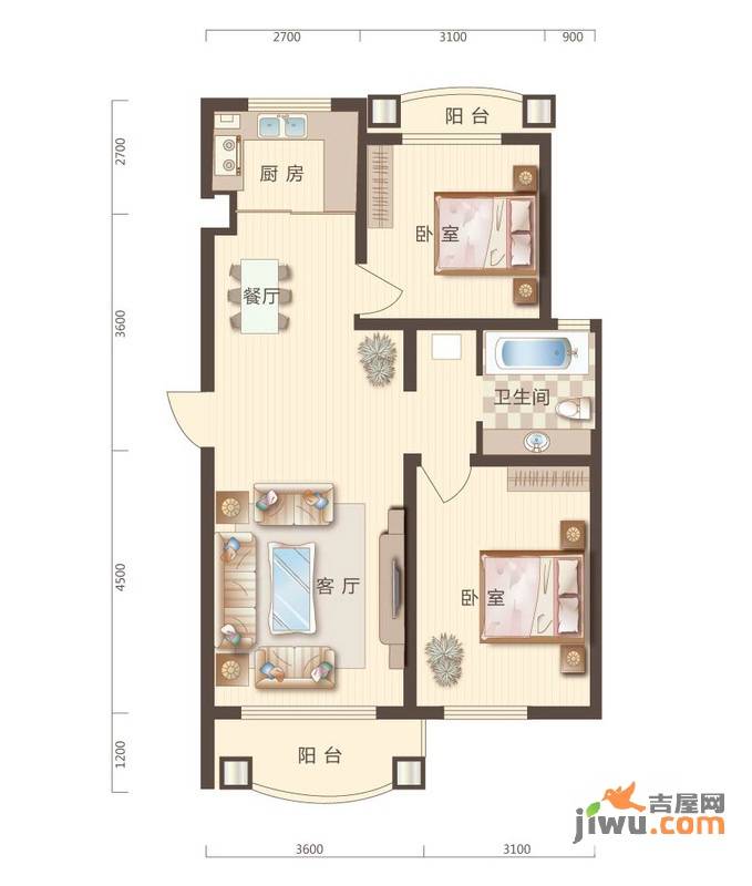 华通和平海岸5期巴萨香谷2室2厅1卫90.5㎡户型图