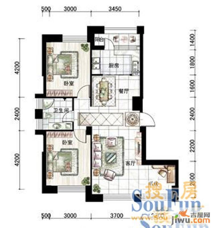 左岸尊邸3室2厅1卫96㎡户型图