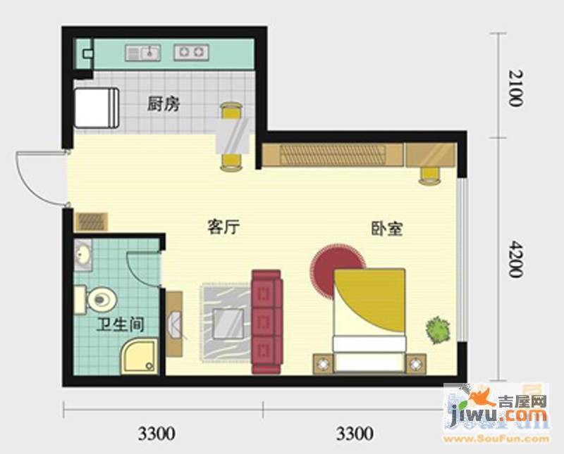 普照假日广场1室1厅1卫48.9㎡户型图