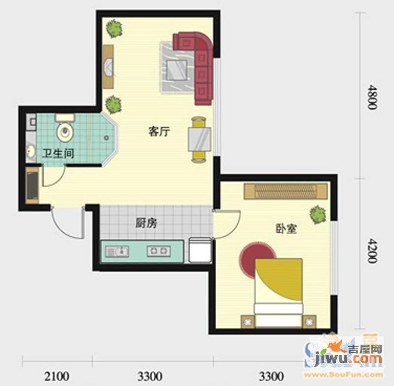 普照假日广场1室1厅1卫64.3㎡户型图