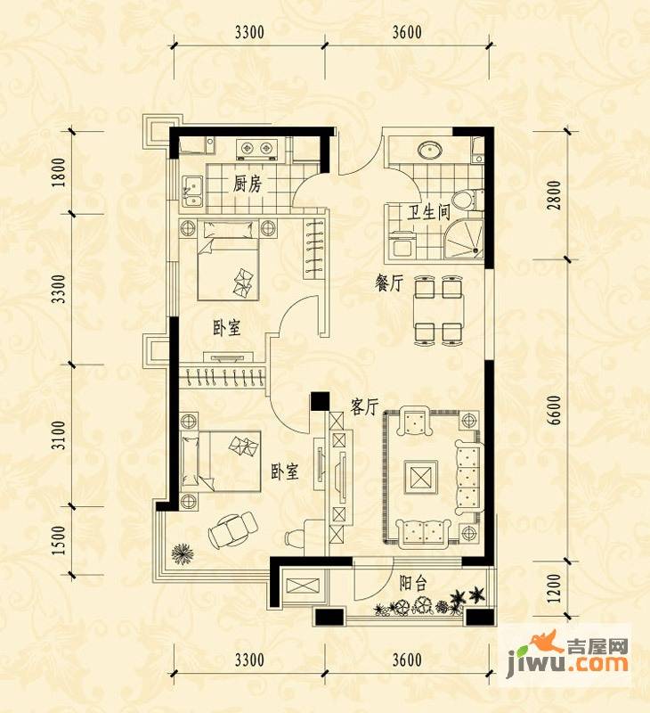 中海华庭2室2厅1卫88㎡户型图