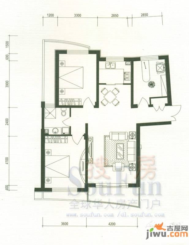 宏城金棕榈3室2厅1卫123.6㎡户型图