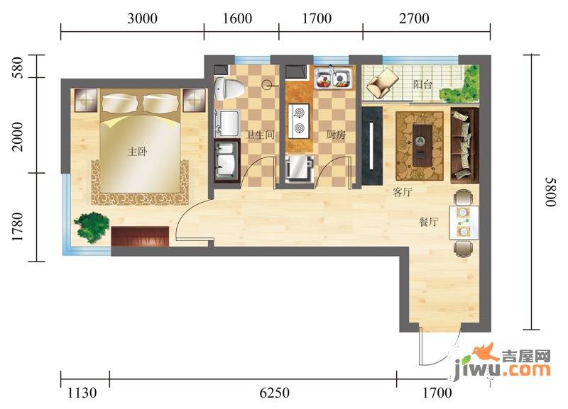 观山蝶恋花1室1厅1卫35㎡户型图