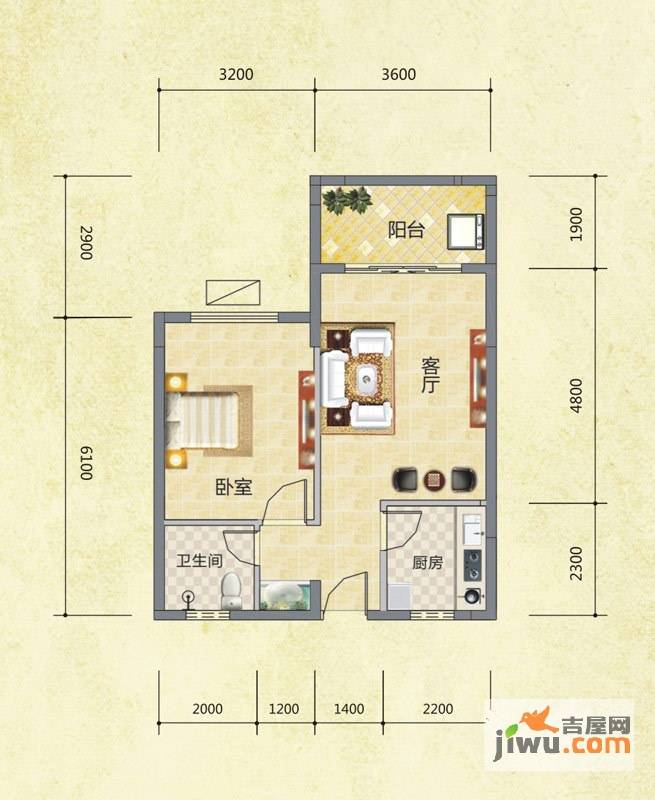 圣煜颐山居1室1厅1卫59.6㎡户型图