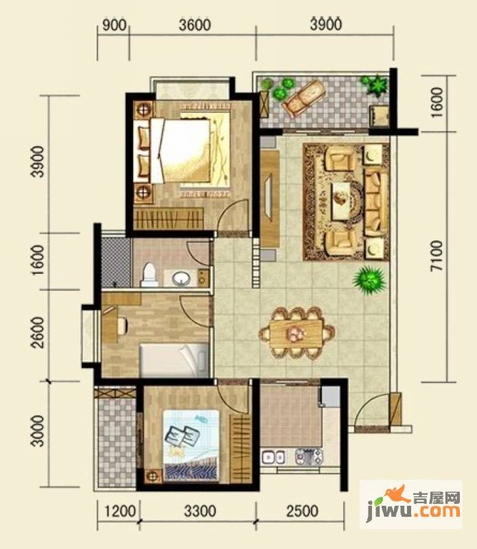 滨河华庭3室2厅1卫98.8㎡户型图