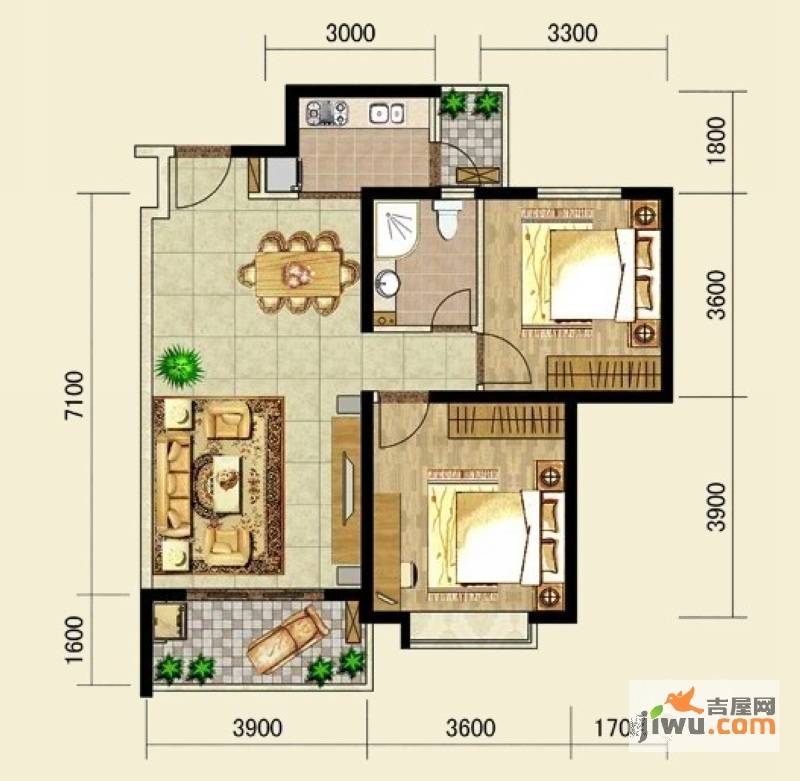 滨河华庭2室2厅1卫83.8㎡户型图