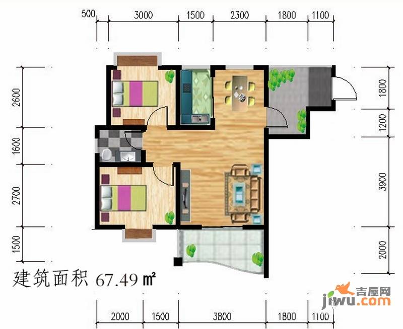 公园壹号2室2厅1卫67.5㎡户型图