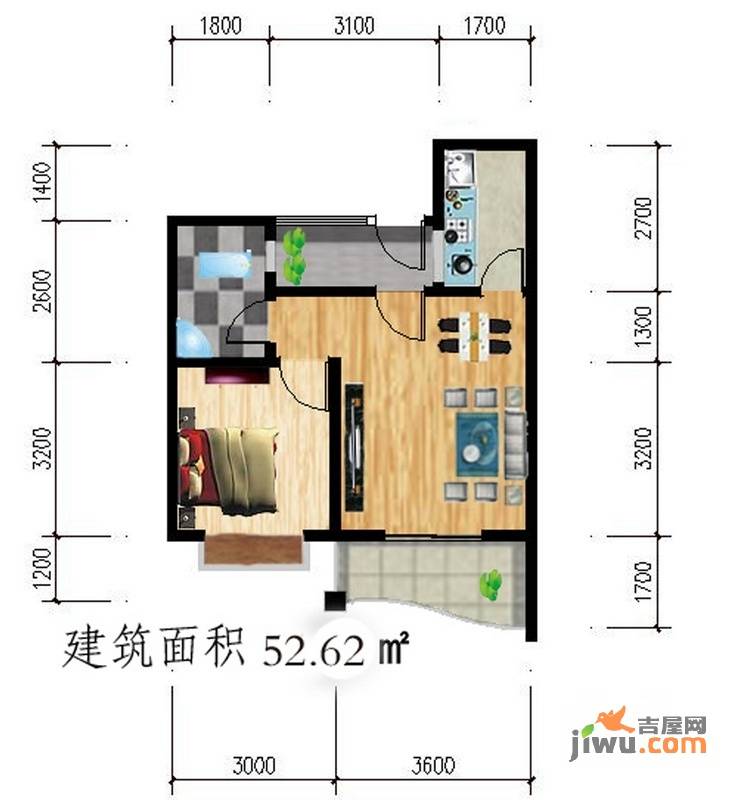 公园壹号1室2厅1卫52.6㎡户型图