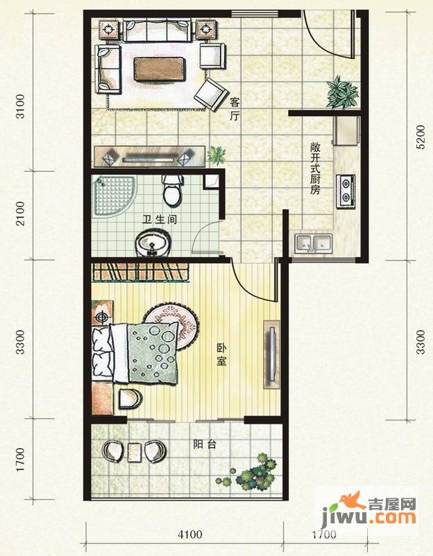 华爵泽诚嘉园1室1厅1卫55.5㎡户型图