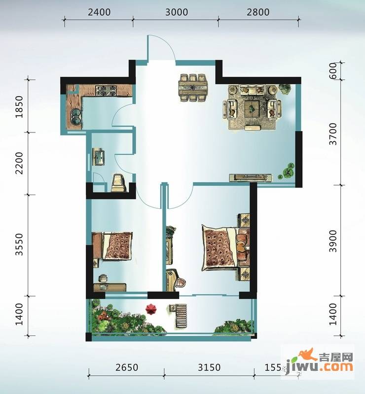 美湖美舍2室2厅1卫74.1㎡户型图