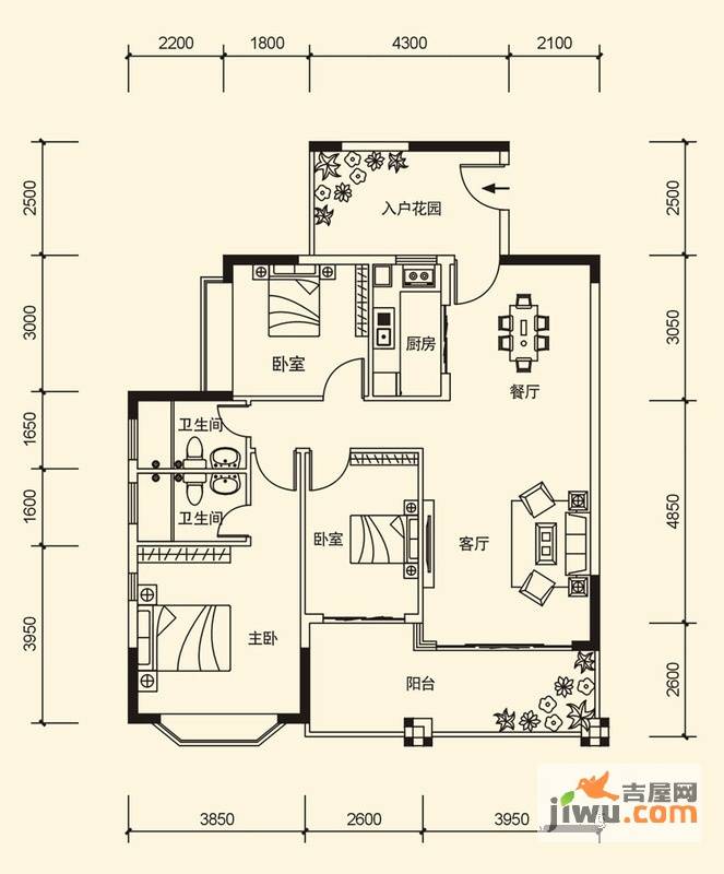 滨江帝景3室2厅2卫108.8㎡户型图