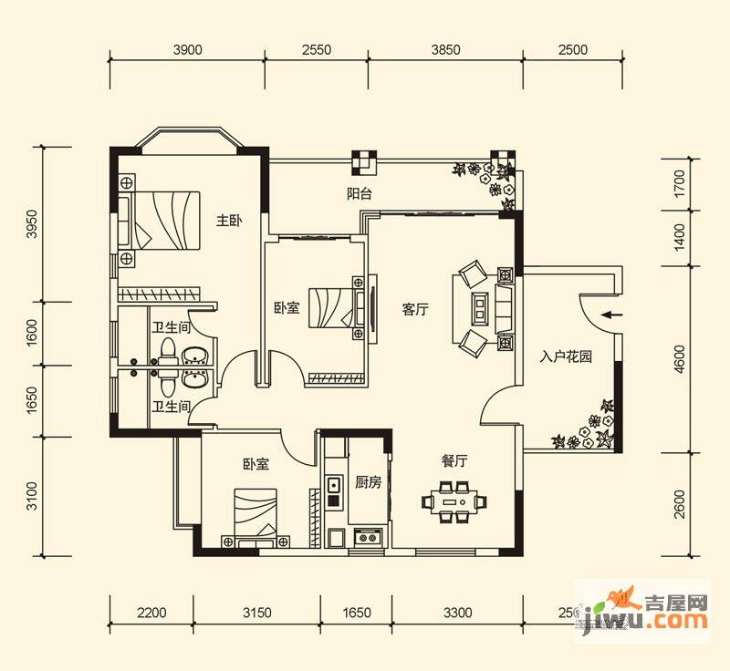 滨江帝景3室2厅2卫115.8㎡户型图