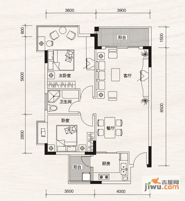 城市海岸2室2厅1卫87㎡户型图