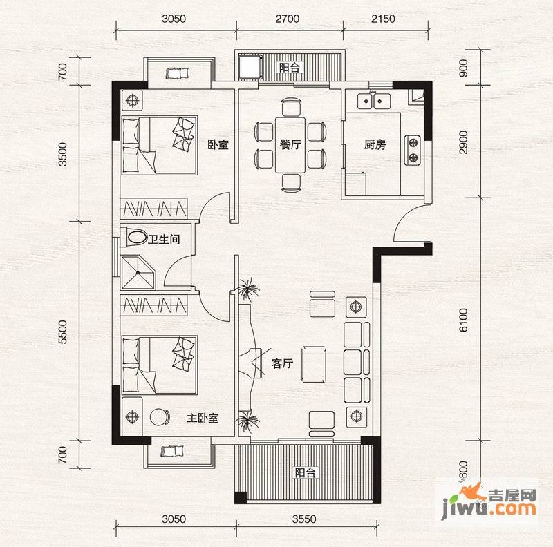 城市海岸2室2厅1卫88㎡户型图