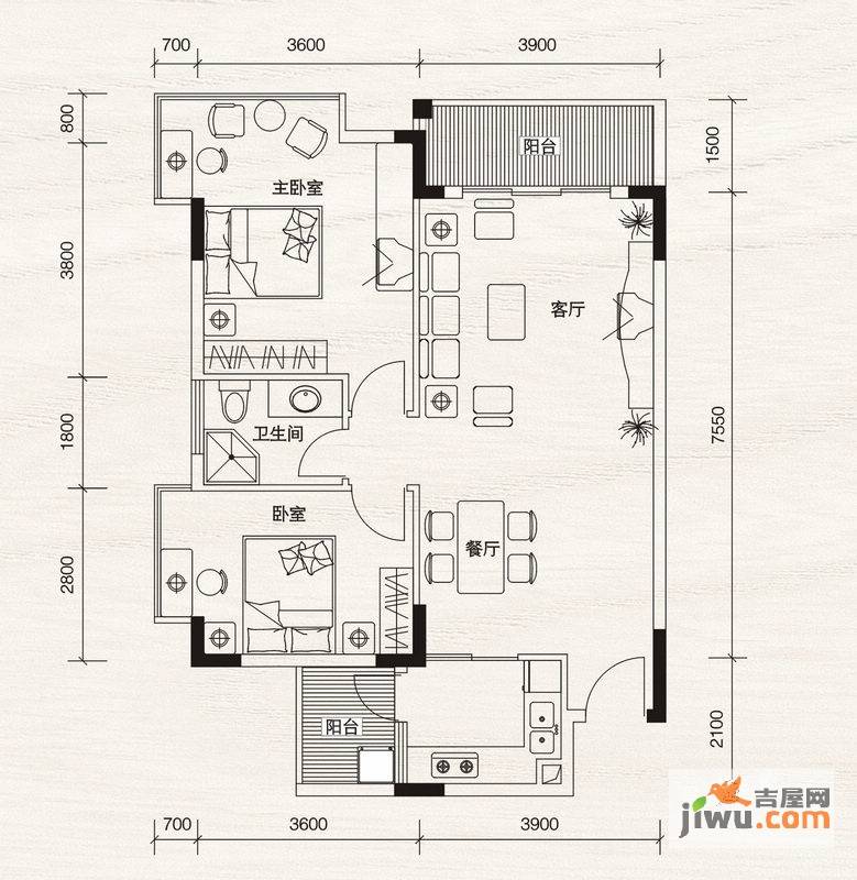 城市海岸2室2厅1卫85㎡户型图