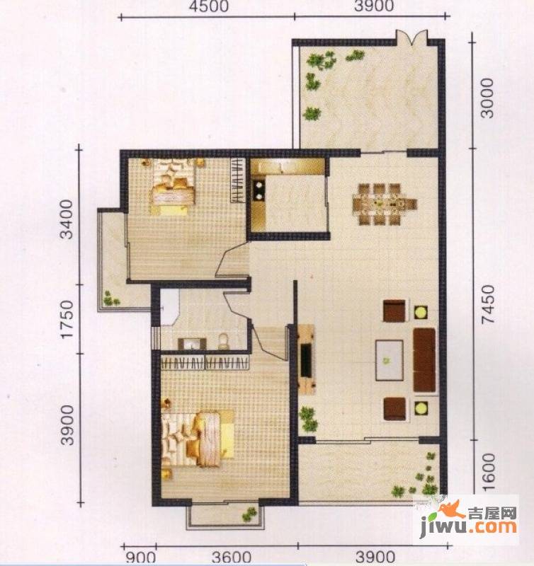 见龙苑2室1厅1卫90.5㎡户型图