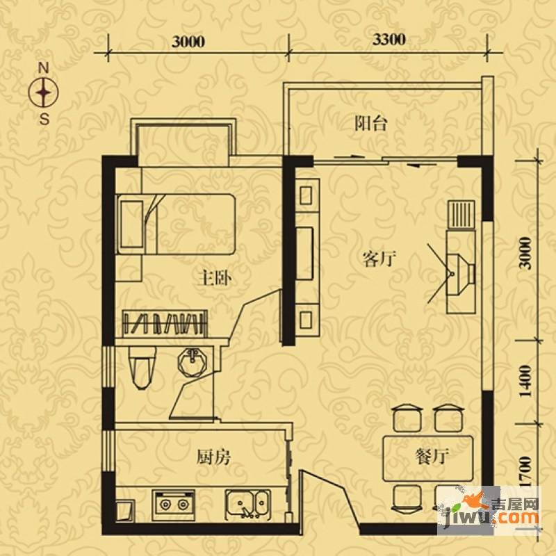 乾坤湖1室2厅1卫53.4㎡户型图