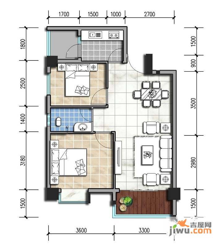 永升华府2室2厅1卫67㎡户型图