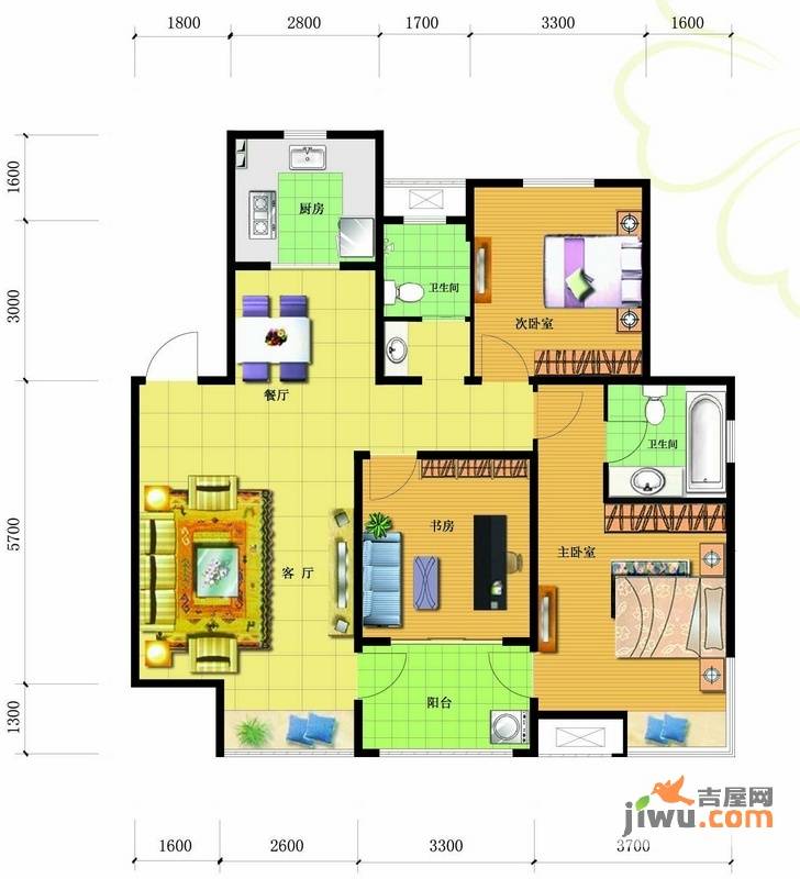 星尚国际公寓3室2厅2卫129.5㎡户型图