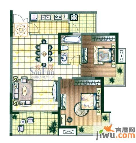 金色江南三期2室2厅1卫91㎡户型图