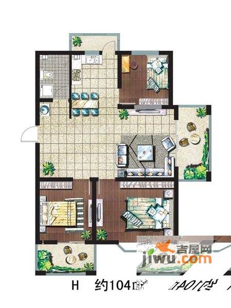 水榭花都3室2厅1卫104㎡户型图