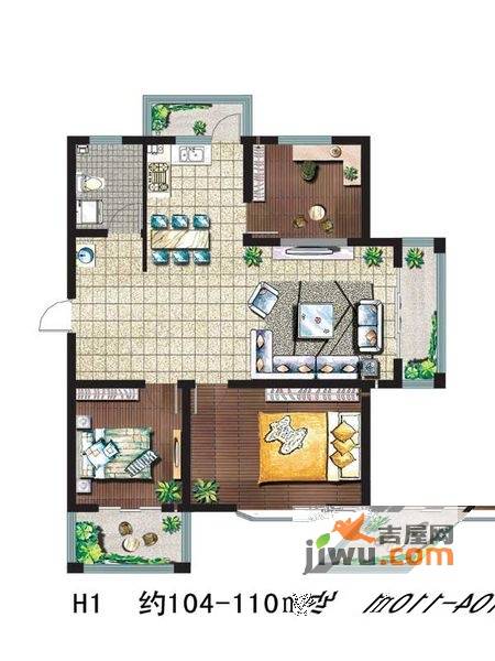 水榭花都3室2厅1卫104㎡户型图