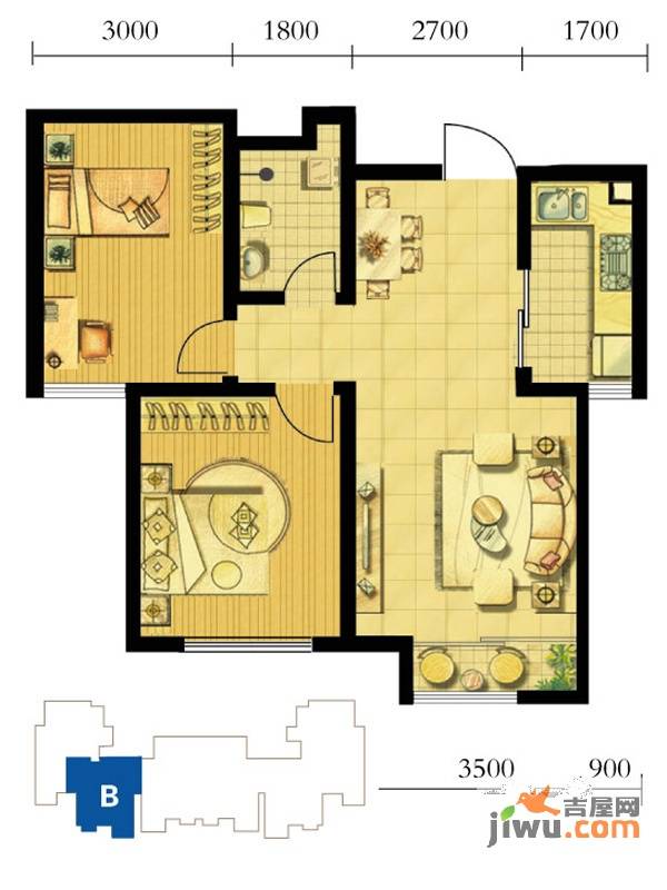 鸿海佳园2室2厅1卫82㎡户型图