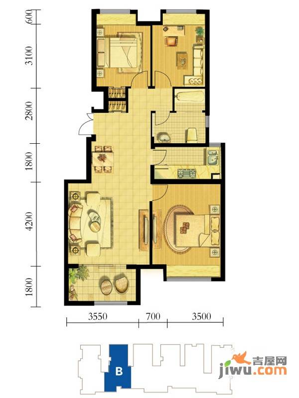 鸿海佳园3室2厅1卫96㎡户型图