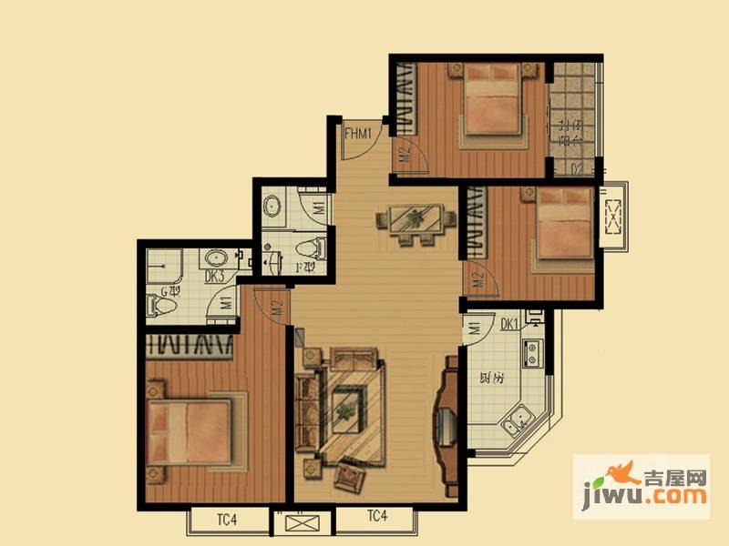 君利依山美居3室2厅2卫118.5㎡户型图