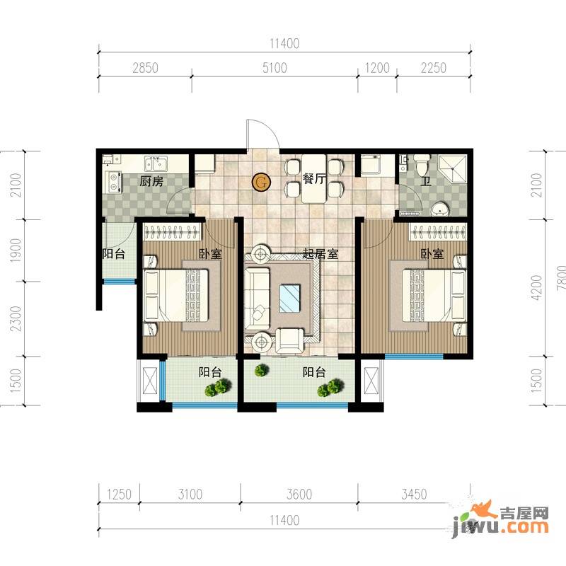 福顺嘉苑2室2厅1卫88㎡户型图