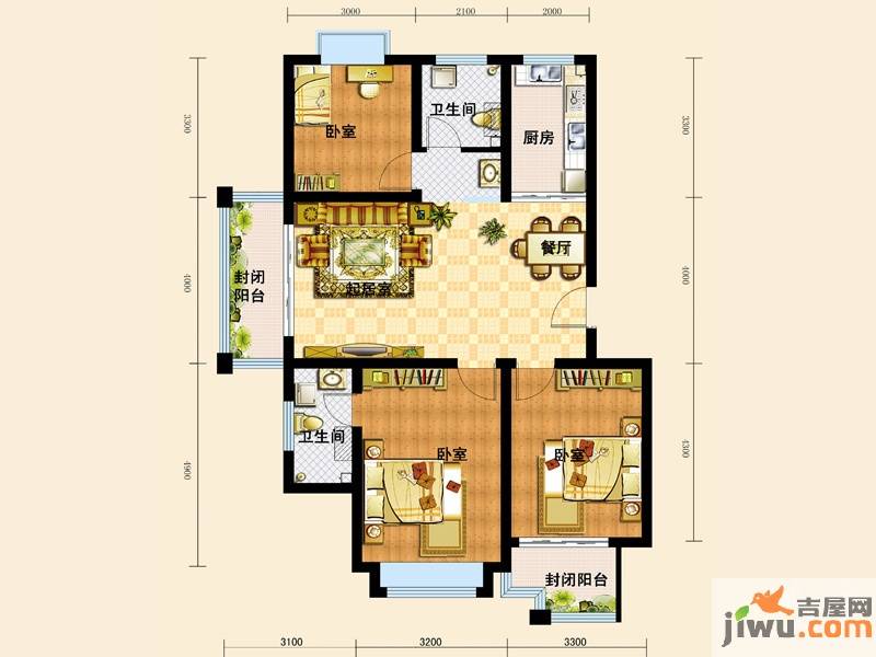 水青木华三期3室2厅2卫115㎡户型图