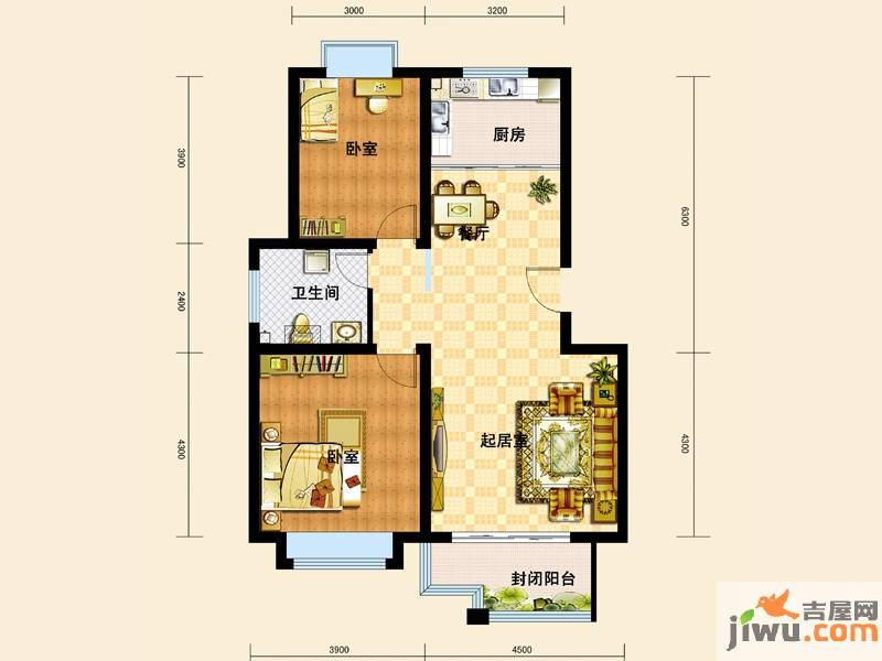 水青木华三期2室2厅1卫95㎡户型图