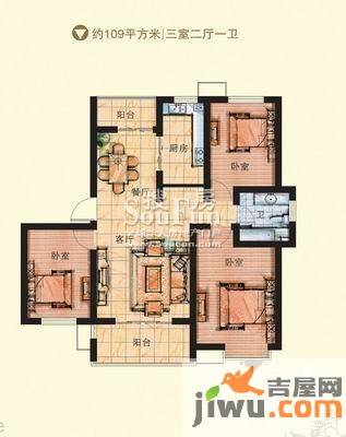 银座动感世代3室2厅1卫109㎡户型图