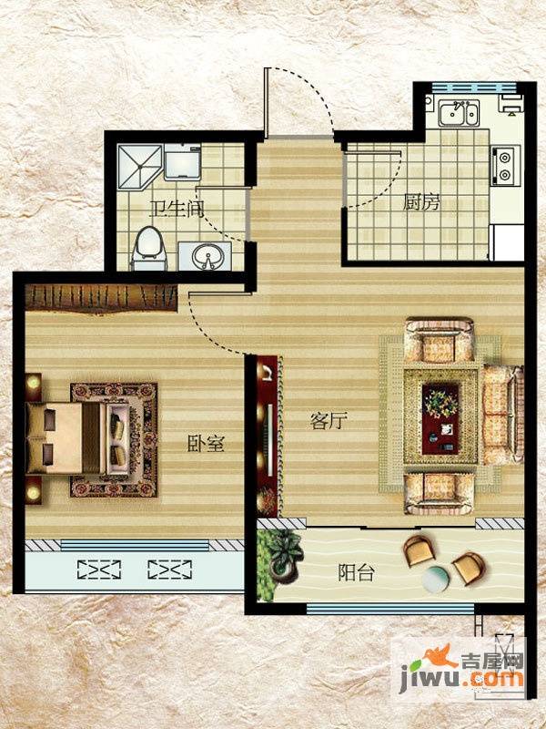 东方公园世家1室1厅1卫57.5㎡户型图