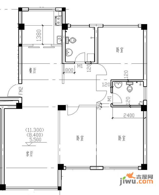 胜利黄海花园四期3室2厅2卫125㎡户型图