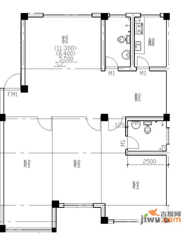 胜利黄海花园四期3室2厅2卫125㎡户型图