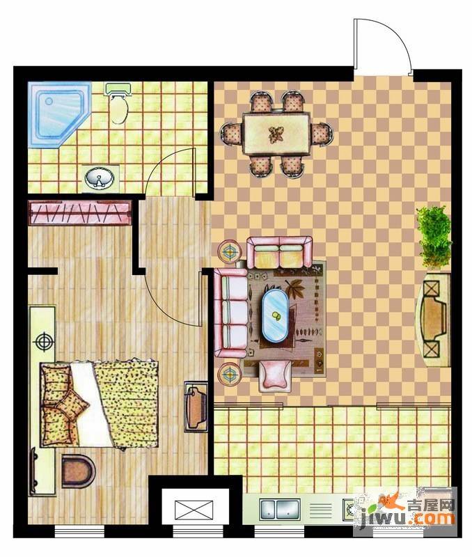 西山华庭1室1厅1卫61.5㎡户型图