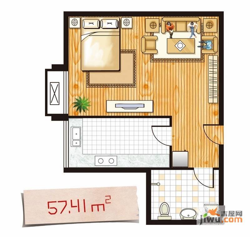 三水合一花园1室1厅1卫47.1㎡户型图